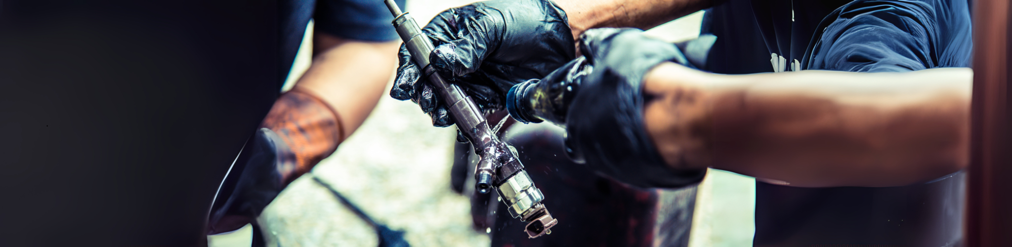 Mechanic wearing black gloves cleaning a single direct injector with some kind of solvent